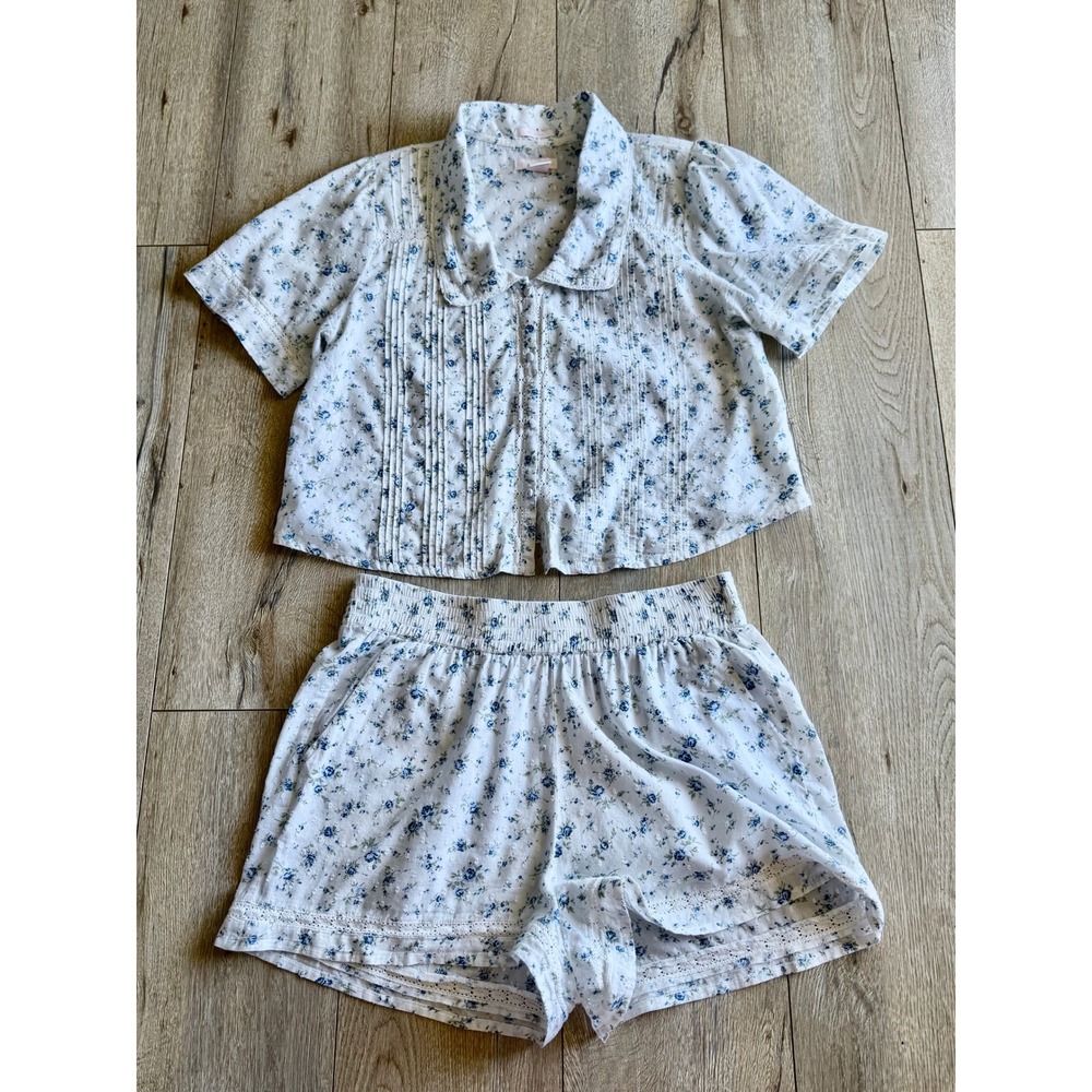 Rachel Ashwell Cotton Blue Floral Print Lace Top Shorts Coord Pajama Set Large